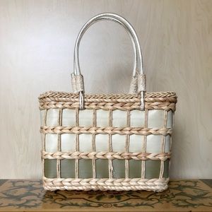 Vintage Braided Wicker Purse With Vinyl Handles